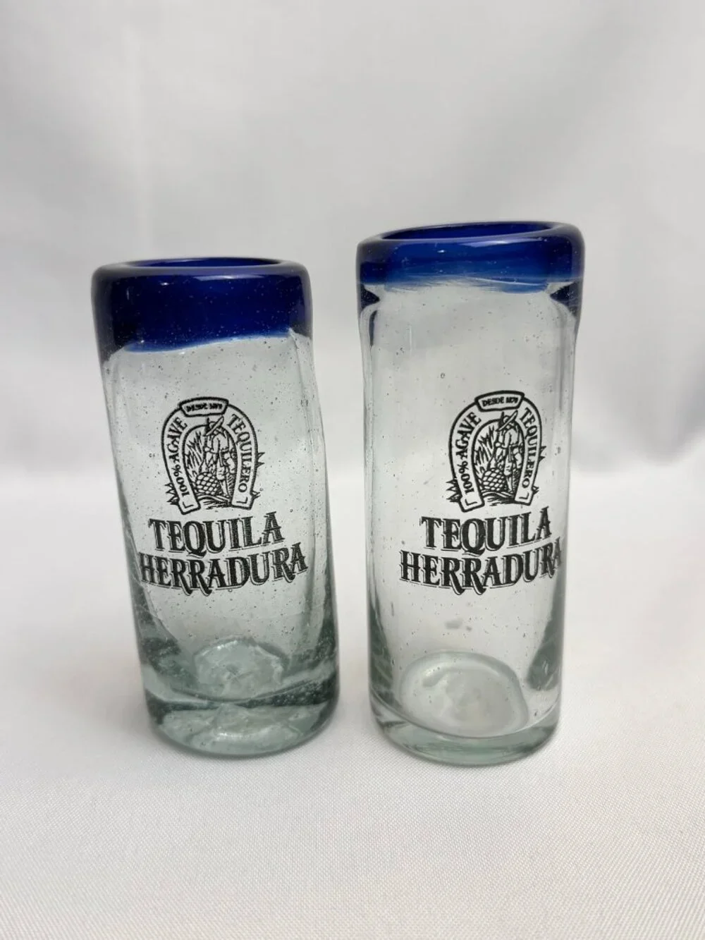 Herradura Tequila Shot Glass Set of Two Blue Rim Mexican Barware